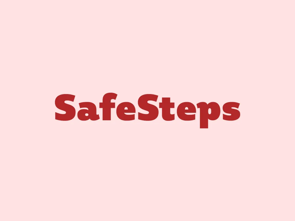 The SafeSteps logo, consisting the text 'SafeSteps' in dark red, on a light pink background.