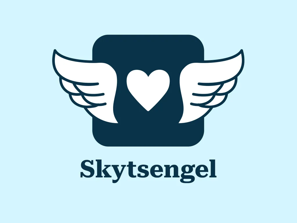 The new Skytsengel logo on a light blue background, consisting of a rounded dark blue square with a smaller white heart inside, and a pair of white angel wings on each side of the square.
