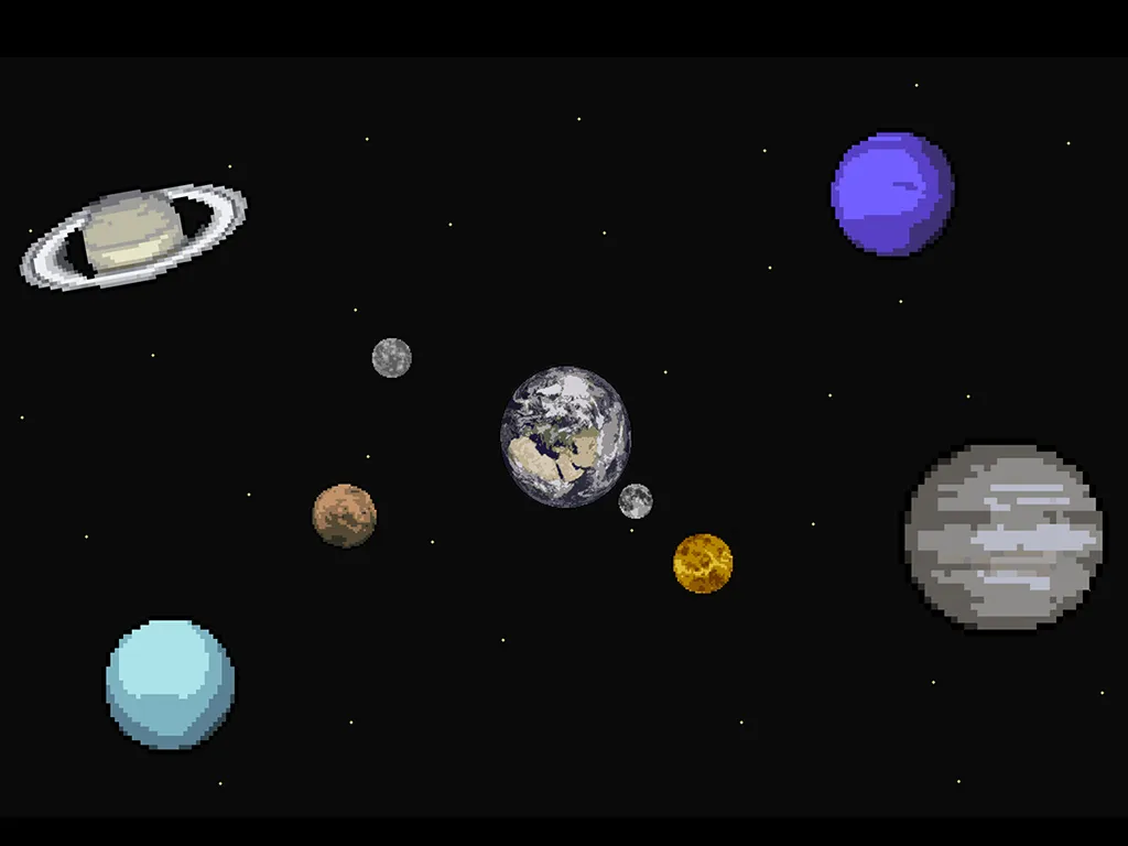 A pixelated solar system on a black background, showing each of the planets placed randomly in space.