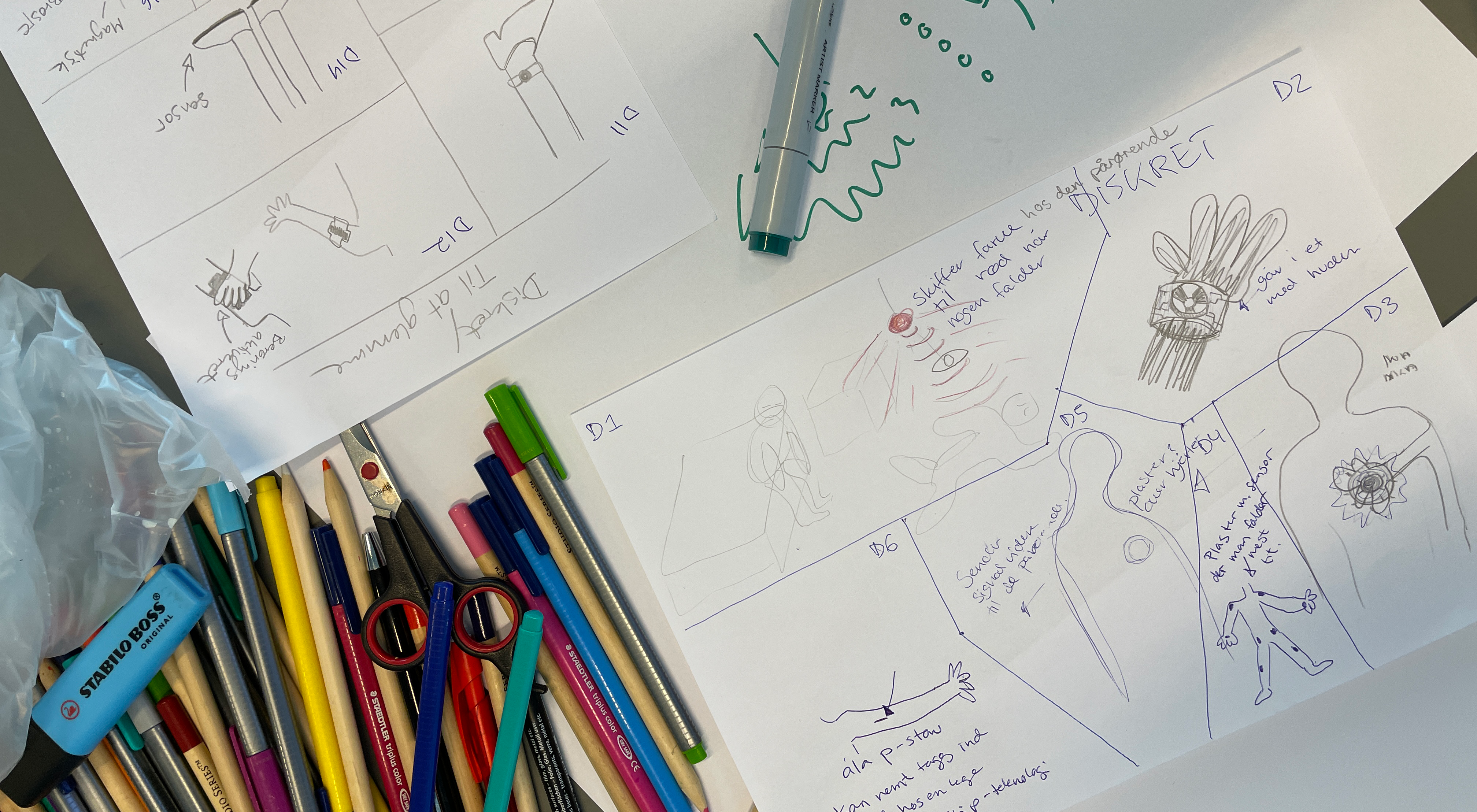 Several papers laid out on a table, with illustrations of different ideas for the SafeSteps project. Beside the illustrations, there are some pens, markers, and other stationary.
