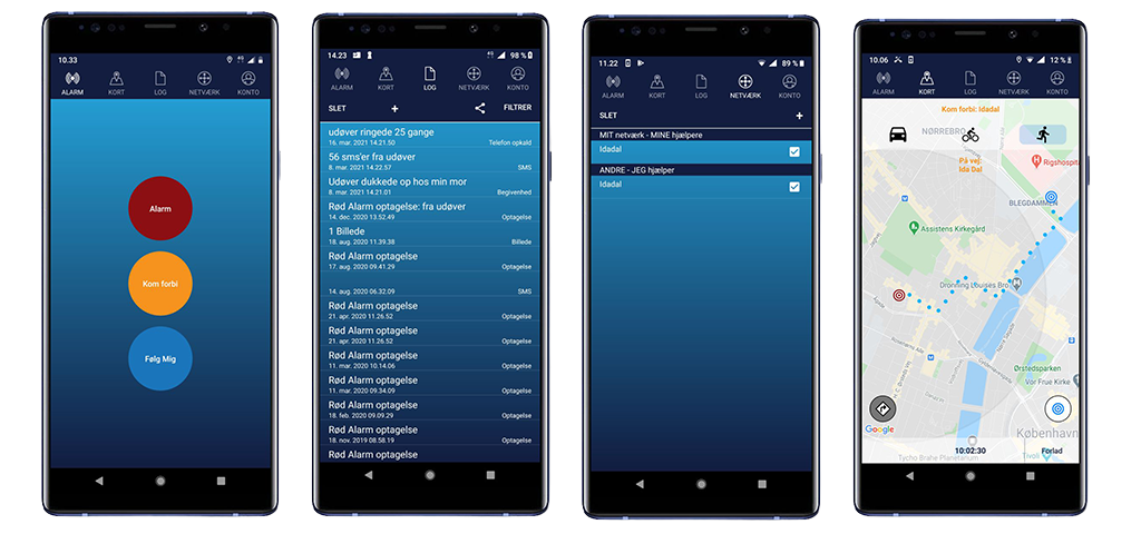 Selection of four screenshots from skytsengel app. First screenshot illustrates alarm function. Second illustrates the incident log function. The third screenshot illustrates the network function, while the last screenshots illustrates the map function.